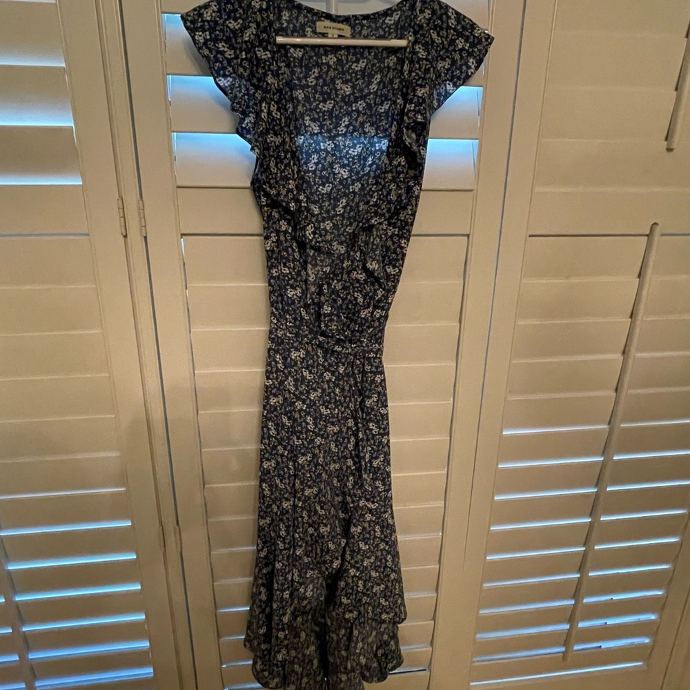 Max Studio Blue and White Fit and Flare Dress with Flutter Cap Sleeves